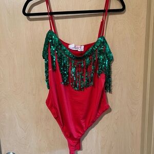 NWT | southern fried chics - Elegant Red and Green Sequin Bodysuit